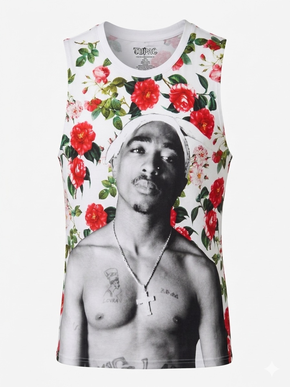 Tupac Floral Graphic Tank Top - White & Red Sz XL NWT